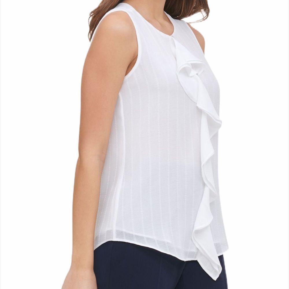 TOMMY HILFIGER White Sleeveless Ruffle Front Top M Lined Blouse - Picture 4 of 14